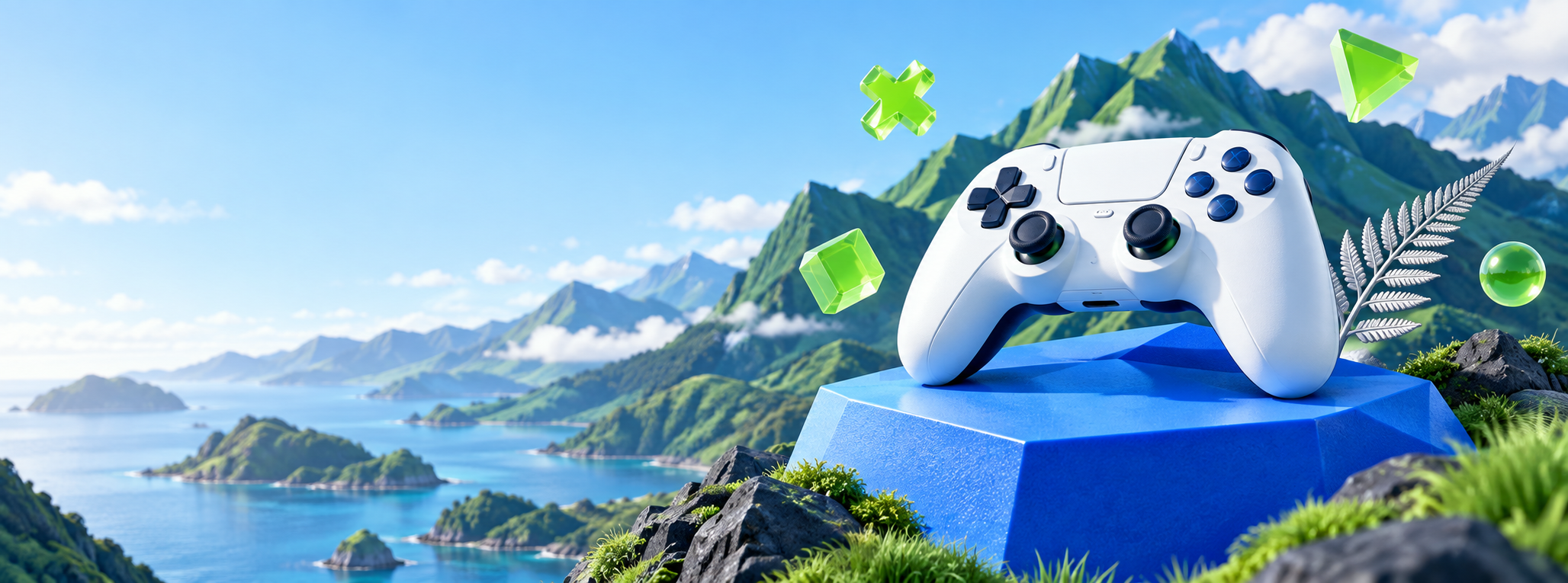 White game controller above a bright New Zealand-inspired landscape