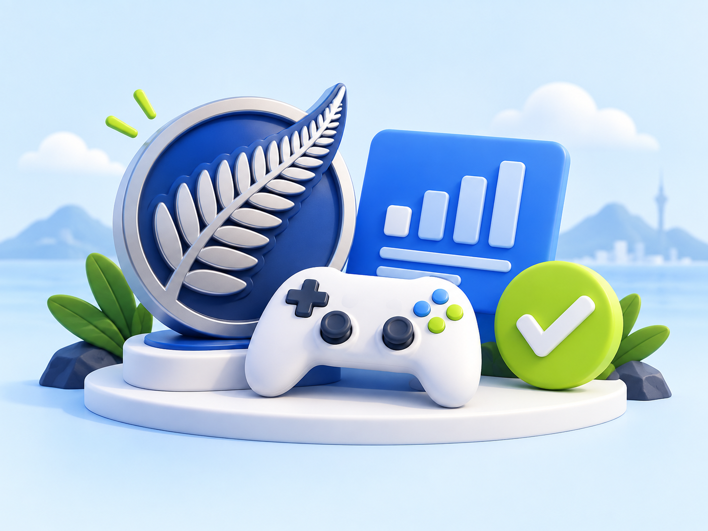 Game controller, quality badge and score card in a bright 3D scene
